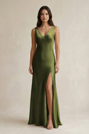 V - neck Sheath Satin Bridesmaid Dress With Back Bow in Olive - KISS BRIDAL Bridesmaid Dresses