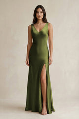 V - neck Sheath Satin Bridesmaid Dress With Back Bow in Olive - KISS BRIDAL Bridesmaid Dresses