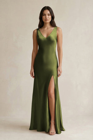 V - neck Sheath Satin Bridesmaid Dress With Back Bow in Olive - KISS BRIDAL Bridesmaid Dresses