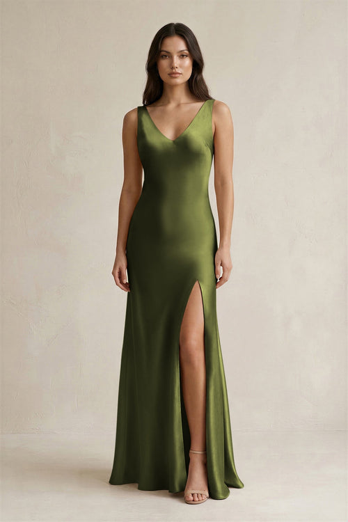 V - neck Sheath Satin Bridesmaid Dress With Back Bow in Olive - KISS BRIDAL Bridesmaid Dresses