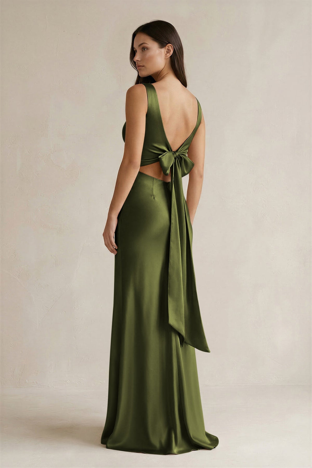 V - neck Sheath Satin Bridesmaid Dress With Back Bow in Olive - KISS BRIDAL Bridesmaid Dresses