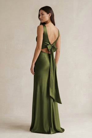 V - neck Sheath Satin Bridesmaid Dress With Back Bow in Olive - KISS BRIDAL Bridesmaid Dresses