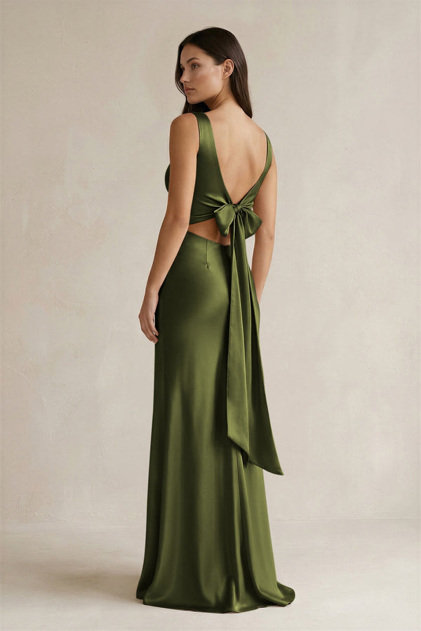 V - neck Sheath Satin Bridesmaid Dress With Back Bow in Olive - KISS BRIDAL Bridesmaid Dresses