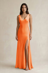 V - neck Sheath Satin Bridesmaid Dress With Back Bow in Orange - KISS BRIDAL Bridesmaid Dresses