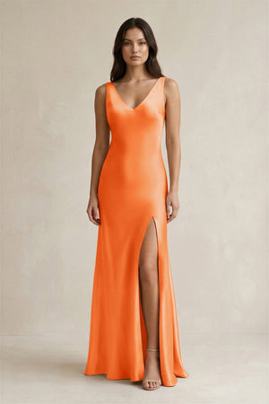 V - neck Sheath Satin Bridesmaid Dress With Back Bow in Orange - KISS BRIDAL Bridesmaid Dresses