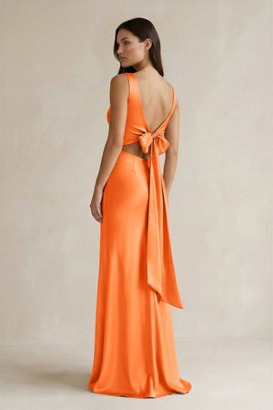 V - neck Sheath Satin Bridesmaid Dress With Back Bow in Orange - KISS BRIDAL Bridesmaid Dresses