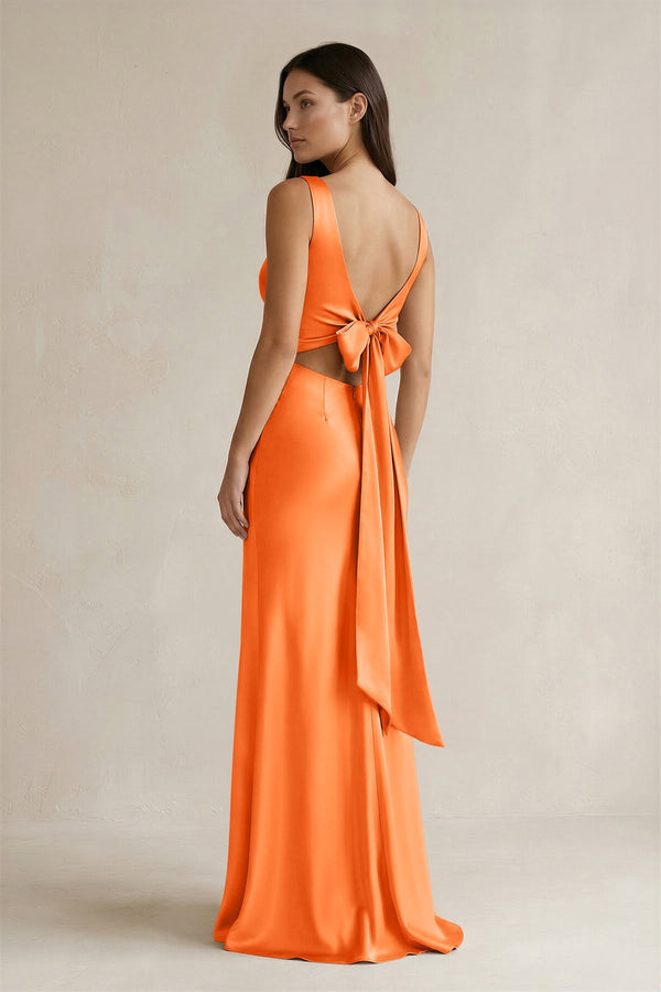 V - neck Sheath Satin Bridesmaid Dress With Back Bow in Orange - KISS BRIDAL Bridesmaid Dresses