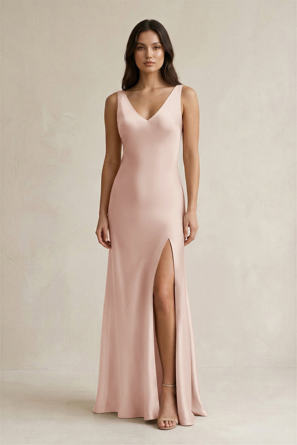 V - neck Sheath Satin Bridesmaid Dress With Back Bow in Pale Blush - KISS BRIDAL Bridesmaid Dresses