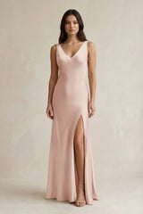 V - neck Sheath Satin Bridesmaid Dress With Back Bow in Pale Blush - KISS BRIDAL Bridesmaid Dresses
