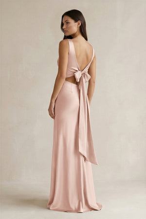V - neck Sheath Satin Bridesmaid Dress With Back Bow in Pale Blush - KISS BRIDAL Bridesmaid Dresses