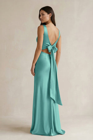 V - neck Sheath Satin Bridesmaid Dress With Back Bow in Pale Pistachio - KISS BRIDAL Bridesmaid Dresses