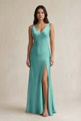 V - neck Sheath Satin Bridesmaid Dress With Back Bow in Pale Pistachio - KISS BRIDAL Bridesmaid Dresses