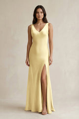 V - neck Sheath Satin Bridesmaid Dress With Back Bow in Pastel Yellow - KISS BRIDAL Bridesmaid Dresses