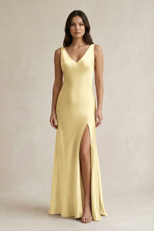 V - neck Sheath Satin Bridesmaid Dress With Back Bow in Pastel Yellow - KISS BRIDAL Bridesmaid Dresses