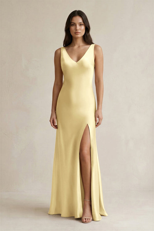 V - neck Sheath Satin Bridesmaid Dress With Back Bow in Pastel Yellow - KISS BRIDAL Bridesmaid Dresses