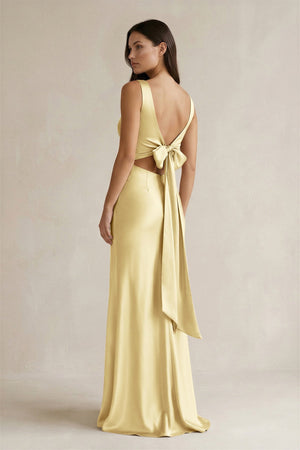 V - neck Sheath Satin Bridesmaid Dress With Back Bow in Pastel Yellow - KISS BRIDAL Bridesmaid Dresses