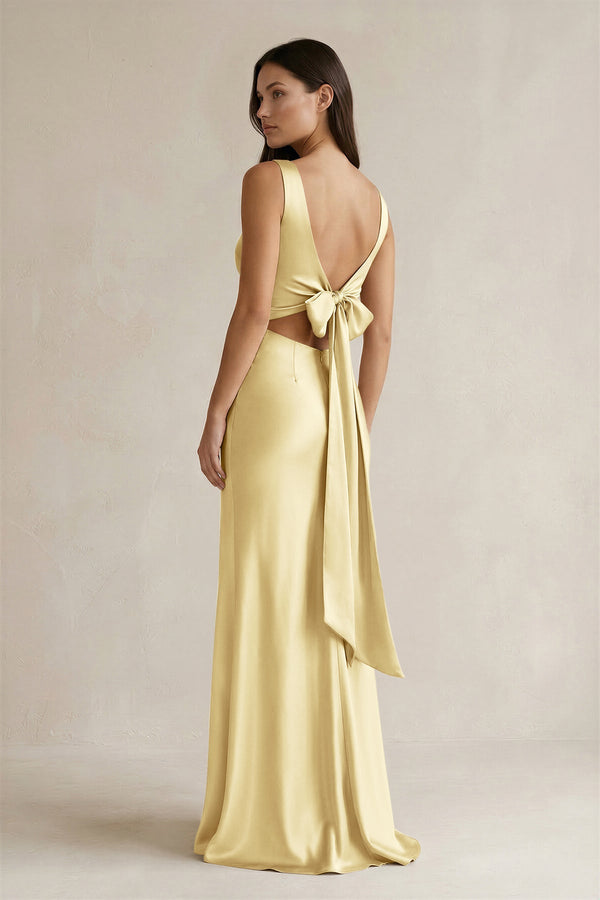 V - neck Sheath Satin Bridesmaid Dress With Back Bow in Pastel Yellow - KISS BRIDAL Bridesmaid Dresses