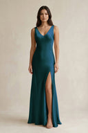 V - neck Sheath Satin Bridesmaid Dress With Back Bow in Pine - KISS BRIDAL Bridesmaid Dresses