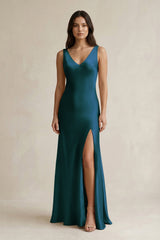 V - neck Sheath Satin Bridesmaid Dress With Back Bow in Pine - KISS BRIDAL Bridesmaid Dresses