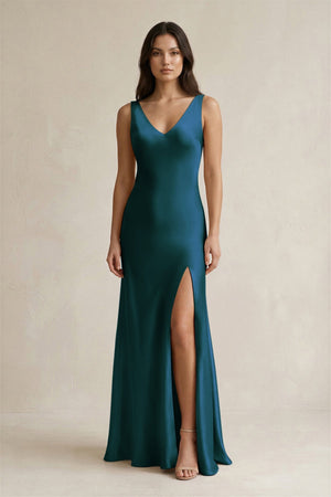 V - neck Sheath Satin Bridesmaid Dress With Back Bow in Pine - KISS BRIDAL Bridesmaid Dresses