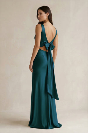 V - neck Sheath Satin Bridesmaid Dress With Back Bow in Pine - KISS BRIDAL Bridesmaid Dresses