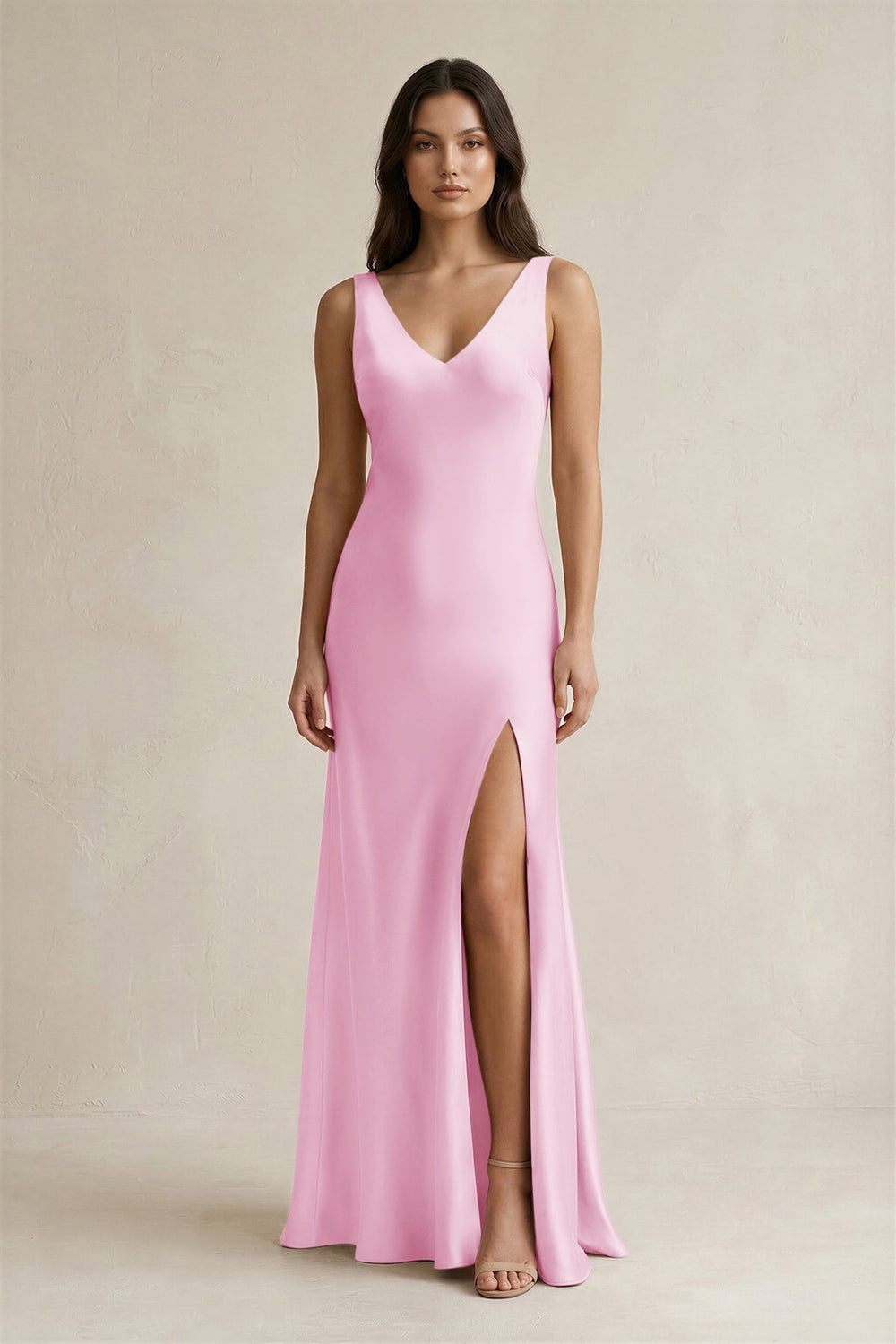 V - neck Sheath Satin Bridesmaid Dress With Back Bow in Pink - KISS BRIDAL Bridesmaid Dresses