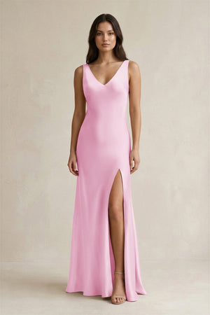 V - neck Sheath Satin Bridesmaid Dress With Back Bow in Pink - KISS BRIDAL Bridesmaid Dresses
