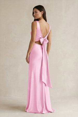 V - neck Sheath Satin Bridesmaid Dress With Back Bow in Pink - KISS BRIDAL Bridesmaid Dresses
