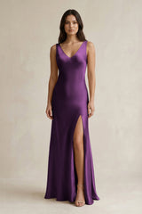 V - neck Sheath Satin Bridesmaid Dress With Back Bow in Plum - KISS BRIDAL Bridesmaid Dresses