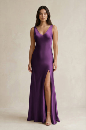 V - neck Sheath Satin Bridesmaid Dress With Back Bow in Plum - KISS BRIDAL Bridesmaid Dresses