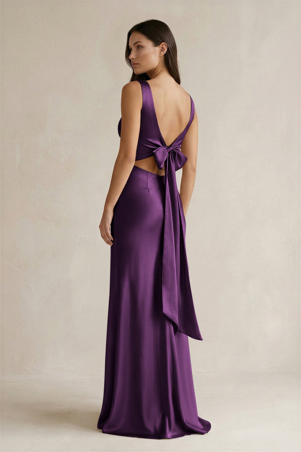 V - neck Sheath Satin Bridesmaid Dress With Back Bow in Plum - KISS BRIDAL Bridesmaid Dresses