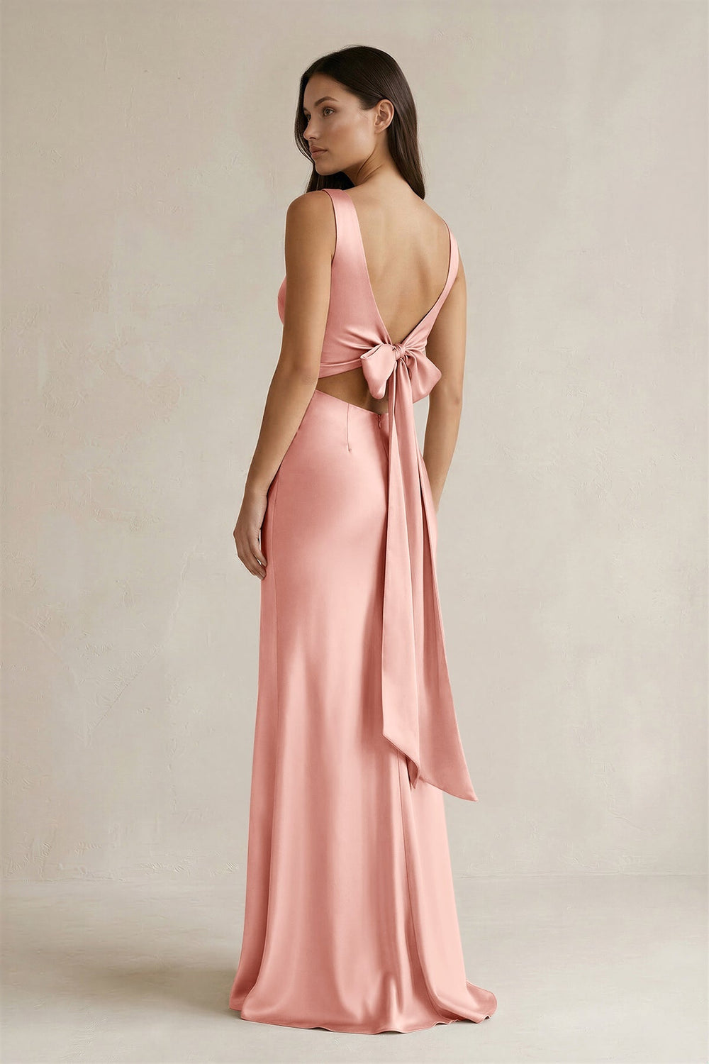 V - neck Sheath Satin Bridesmaid Dress With Back Bow in Rose Petal - KISS BRIDAL Bridesmaid Dresses