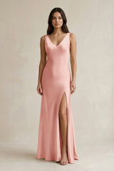 V - neck Sheath Satin Bridesmaid Dress With Back Bow in Rose Petal - KISS BRIDAL Bridesmaid Dresses