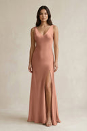 V - neck Sheath Satin Bridesmaid Dress With Back Bow in Rosette - KISS BRIDAL Bridesmaid Dresses