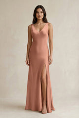 V - neck Sheath Satin Bridesmaid Dress With Back Bow in Rosette - KISS BRIDAL Bridesmaid Dresses