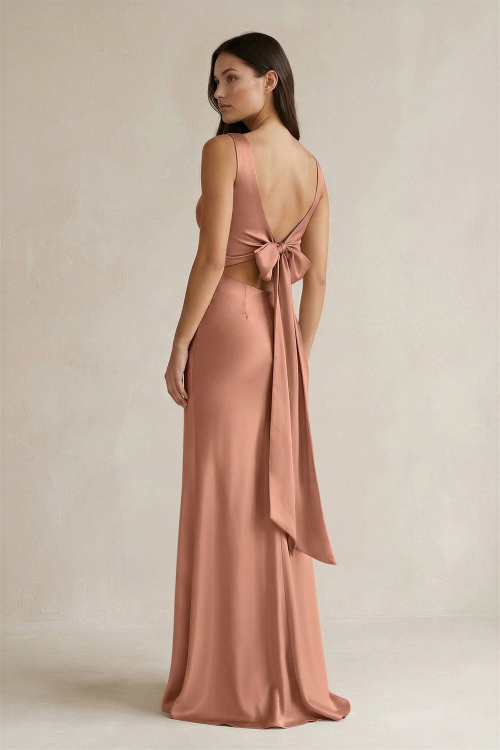 V - neck Sheath Satin Bridesmaid Dress With Back Bow in Rosette - KISS BRIDAL Bridesmaid Dresses