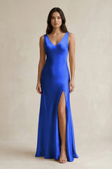 V - neck Sheath Satin Bridesmaid Dress With Back Bow in Royal Blue - KISS BRIDAL Bridesmaid Dresses