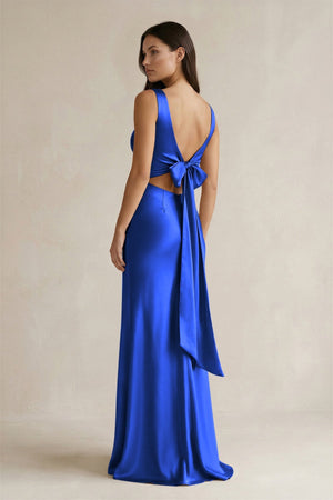 V - neck Sheath Satin Bridesmaid Dress With Back Bow in Royal Blue - KISS BRIDAL Bridesmaid Dresses