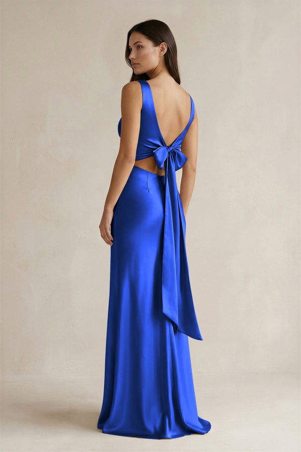 V - neck Sheath Satin Bridesmaid Dress With Back Bow in Royal Blue - KISS BRIDAL Bridesmaid Dresses
