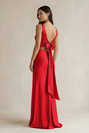 V - neck Sheath Satin Bridesmaid Dress With Back Bow in Ruby Red - KISS BRIDAL Bridesmaid Dresses