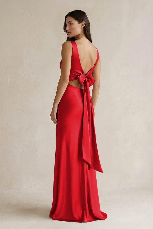 V - neck Sheath Satin Bridesmaid Dress With Back Bow in Ruby Red - KISS BRIDAL Bridesmaid Dresses