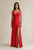 V - neck Sheath Satin Bridesmaid Dress With Back Bow in Ruby Red - KISS BRIDAL Bridesmaid Dresses