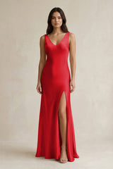 V - neck Sheath Satin Bridesmaid Dress With Back Bow in Ruby Red - KISS BRIDAL Bridesmaid Dresses
