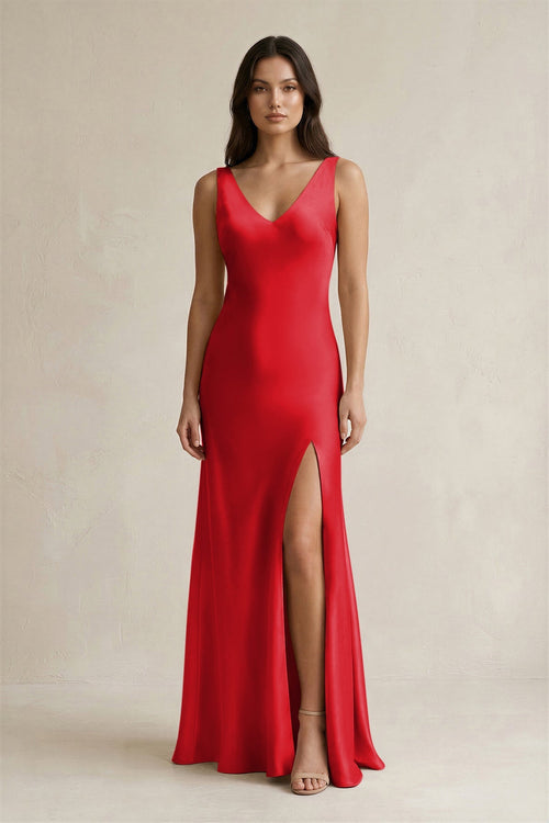 V - neck Sheath Satin Bridesmaid Dress With Back Bow in Ruby Red - KISS BRIDAL Bridesmaid Dresses