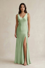 V - neck Sheath Satin Bridesmaid Dress With Back Bow in Sage - KISS BRIDAL Bridesmaid Dresses