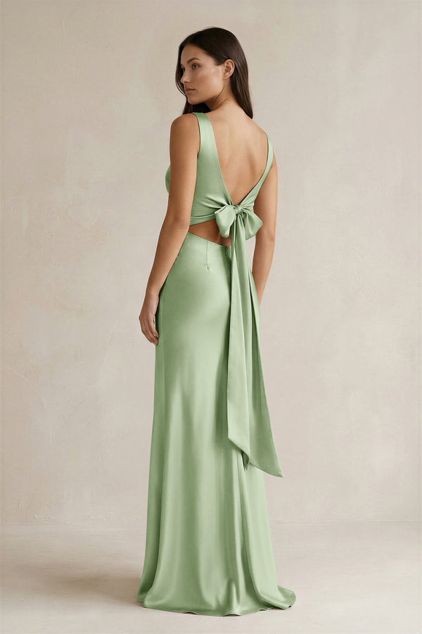V - neck Sheath Satin Bridesmaid Dress With Back Bow in Sage - KISS BRIDAL Bridesmaid Dresses