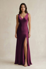 V - neck Sheath Satin Bridesmaid Dress With Back Bow in Sangria - KISS BRIDAL Bridesmaid Dresses