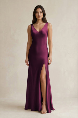V - neck Sheath Satin Bridesmaid Dress With Back Bow in Sangria - KISS BRIDAL Bridesmaid Dresses