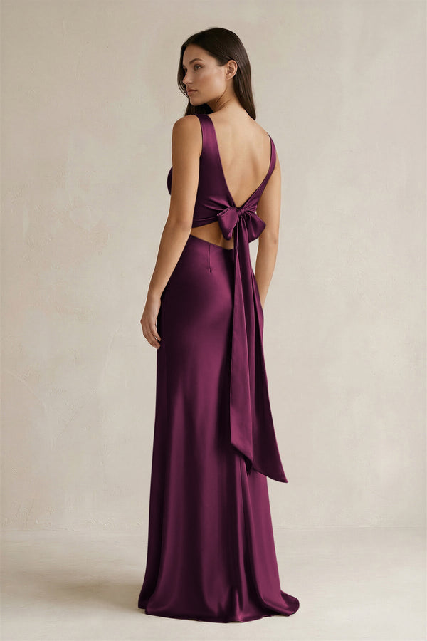 V - neck Sheath Satin Bridesmaid Dress With Back Bow in Sangria - KISS BRIDAL Bridesmaid Dresses