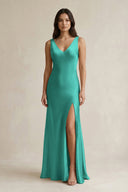 V - neck Sheath Satin Bridesmaid Dress With Back Bow in Sea Glass - KISS BRIDAL Bridesmaid Dresses